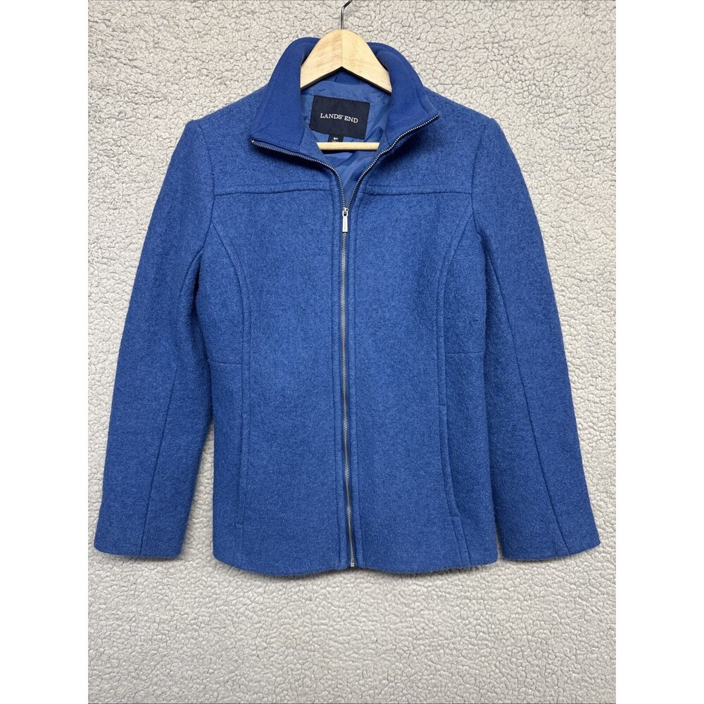 Lands End Women’s Coat Blue Wool Blend Lined Full Zip Size 8P Hand pockets